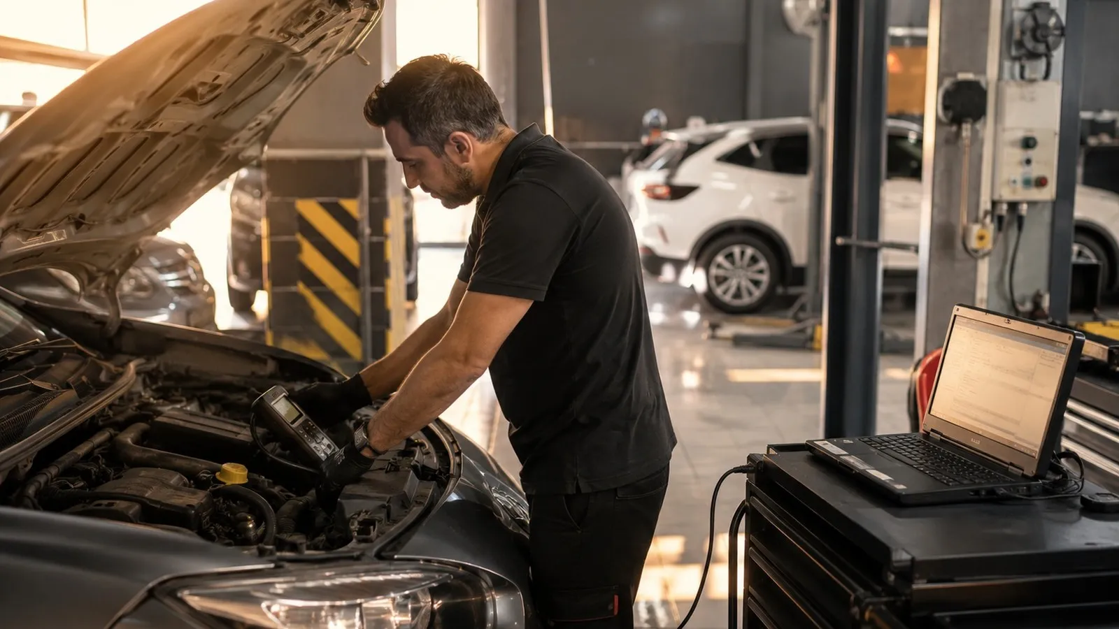 Technician using a paint thickness gauge on a car panel during ekspertiz